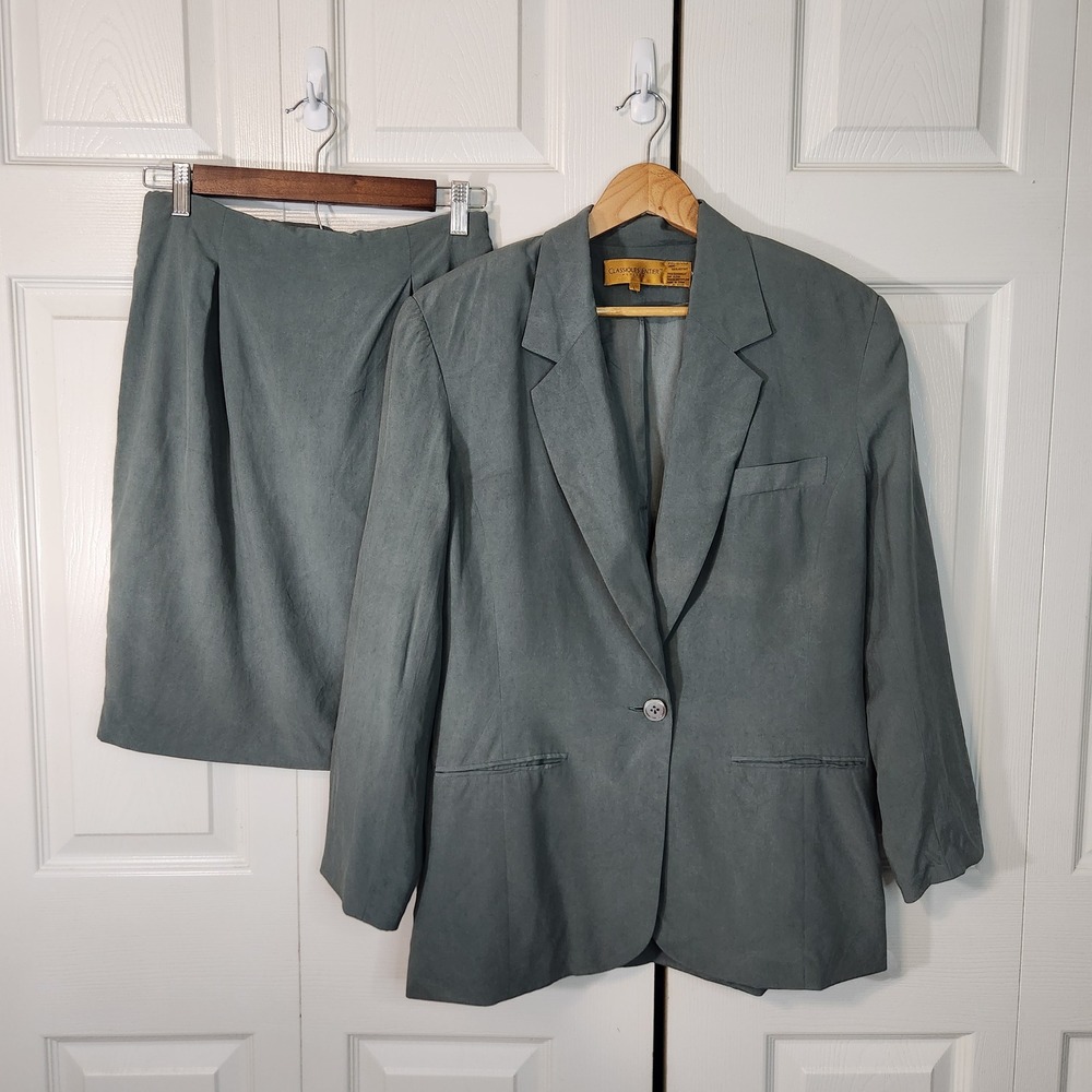 Vintage Classiques Entier Petites Silk Skirt Suit Set Sage Green Grey Size SM/LG